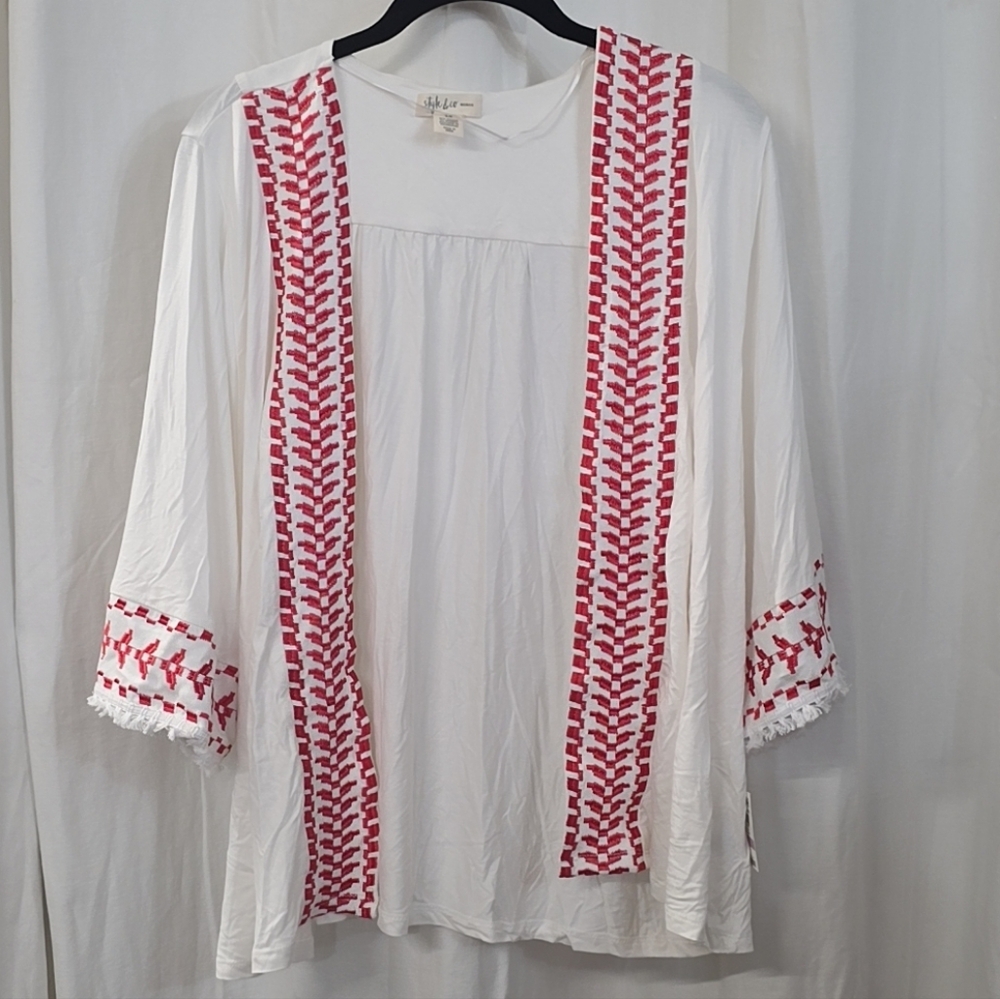 0X 1X Style Co Jersey Knit 3/4 Sleeve Open Front Cardigan White Red Embroidered